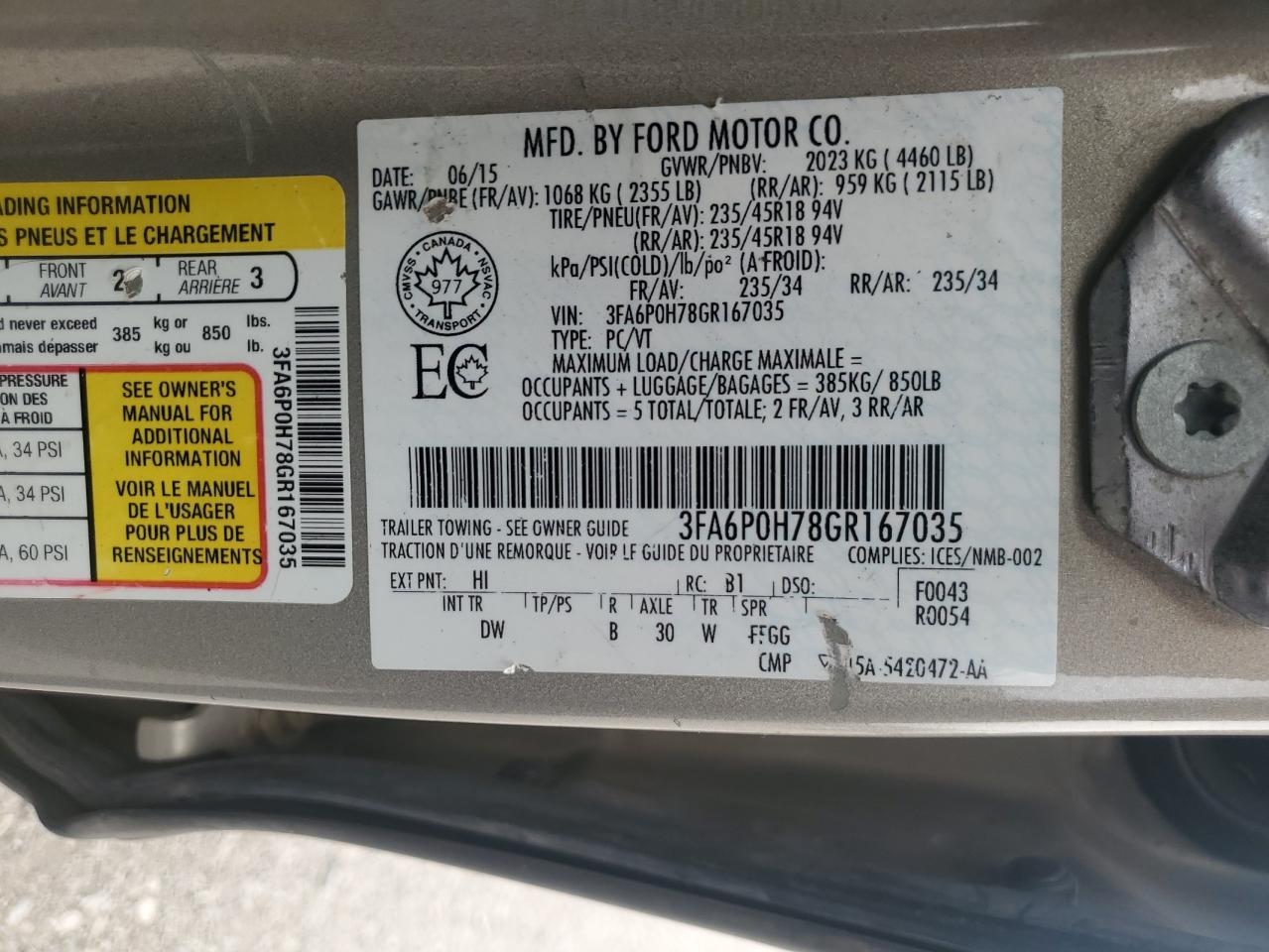 2016 Ford Fusion Se VIN: 3FA6P0H78GR167035 Lot: 81472305