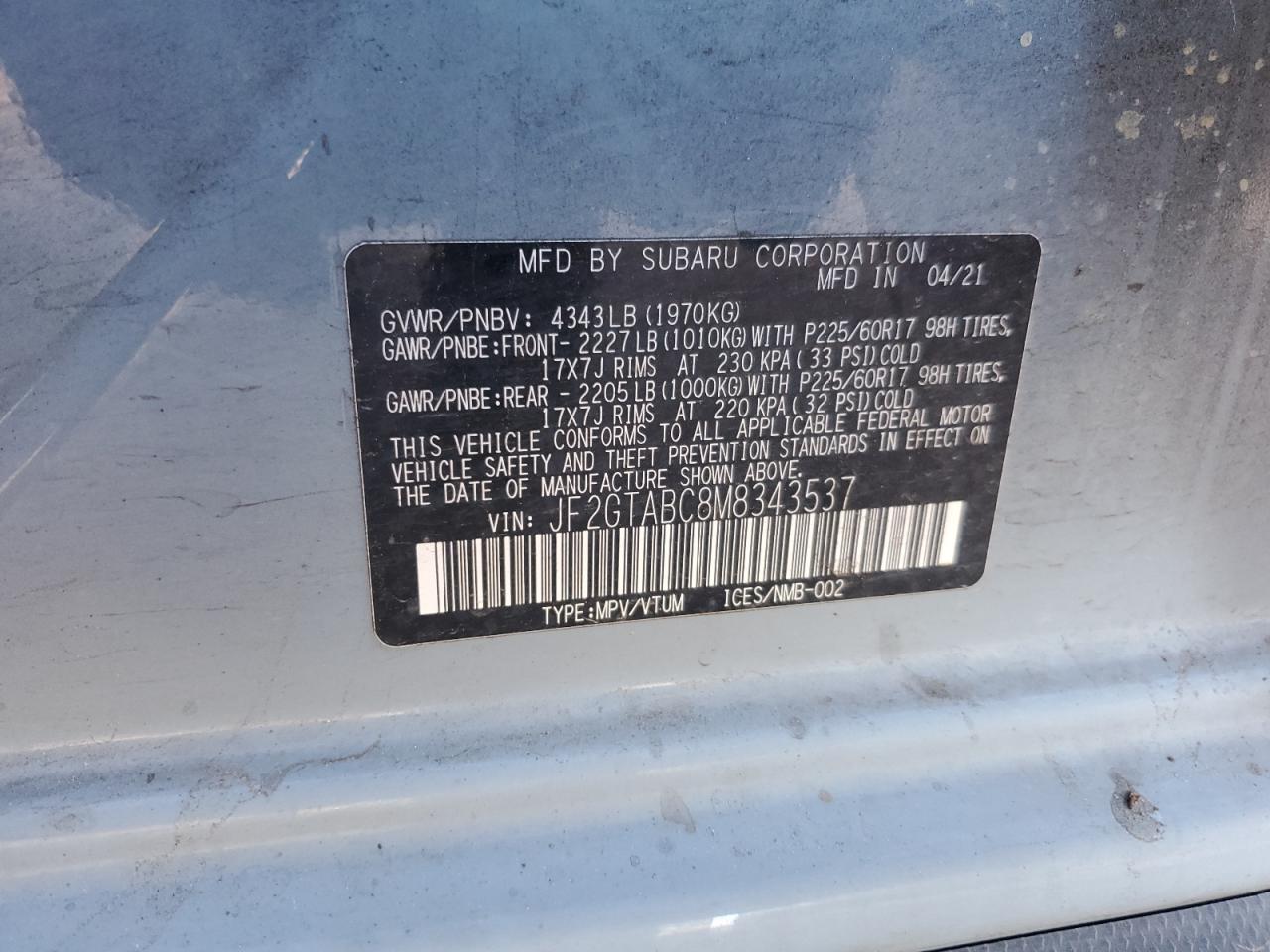 2021 Subaru Crosstrek VIN: JF2GTABC8M8343537 Lot: 84050895