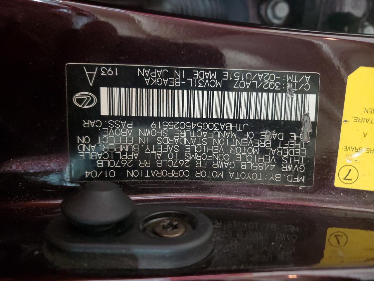 2004 Lexus Es 330 VIN: JTHBA30G545025519 Lot: 84007815