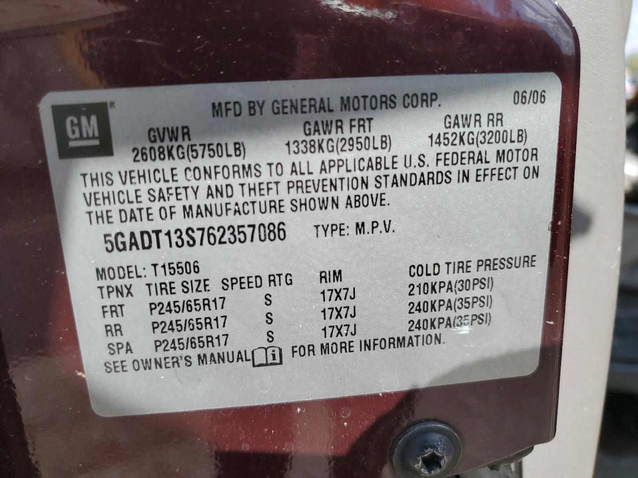 2006 Buick Rainier Cxl VIN: 5GADT13S762357086 Lot: 84226725