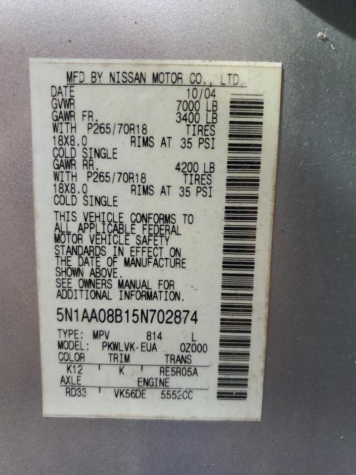 2005 Nissan Armada Se VIN: 5N1AA08B15N702874 Lot: 84554535