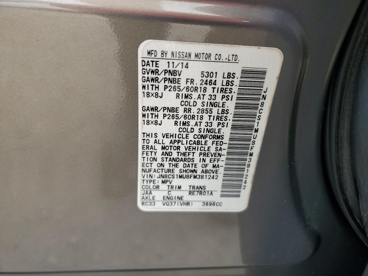 2015 Infiniti Qx70 VIN: JN8CS1MU8FM381242 Lot: 81292815