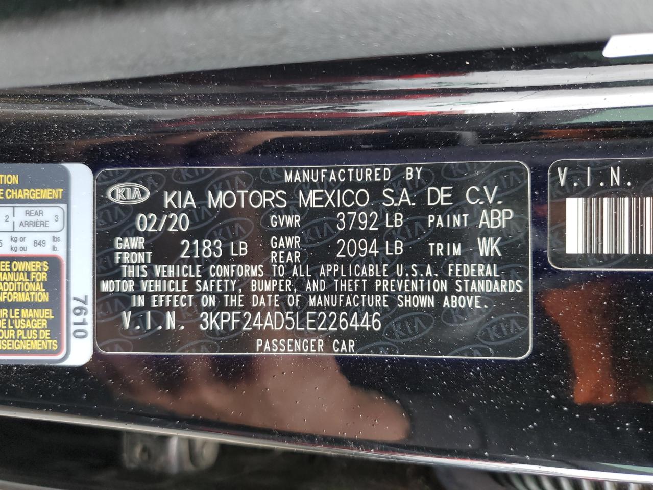 2020 Kia Forte Fe VIN: 3KPF24AD5LE226446 Lot: 81016745