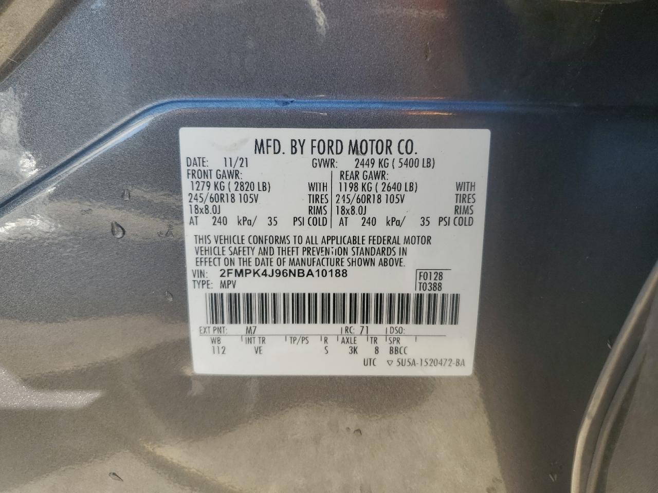 2022 Ford Edge Sel VIN: 2FMPK4J96NBA10188 Lot: 83799725