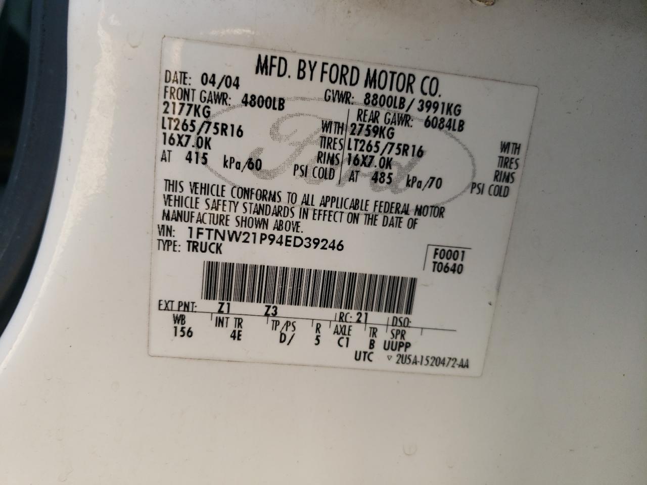 2004 Ford F250 Super Duty VIN: 1FTNW21P94ED39246 Lot: 71421505