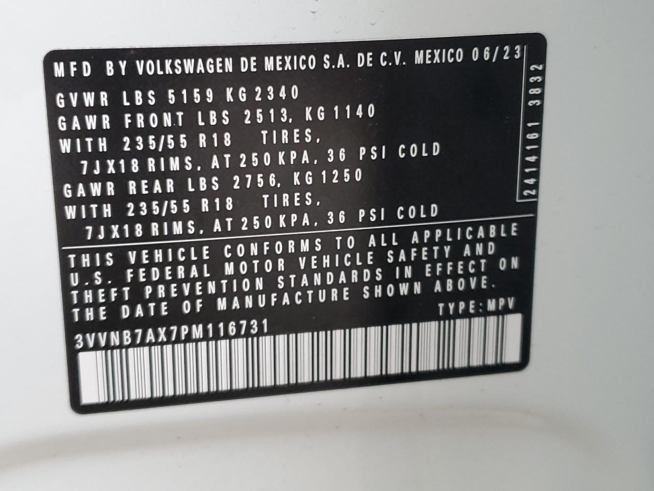 2023 Volkswagen Tiguan Se VIN: 3VVNB7AX7PM116731 Lot: 71724575