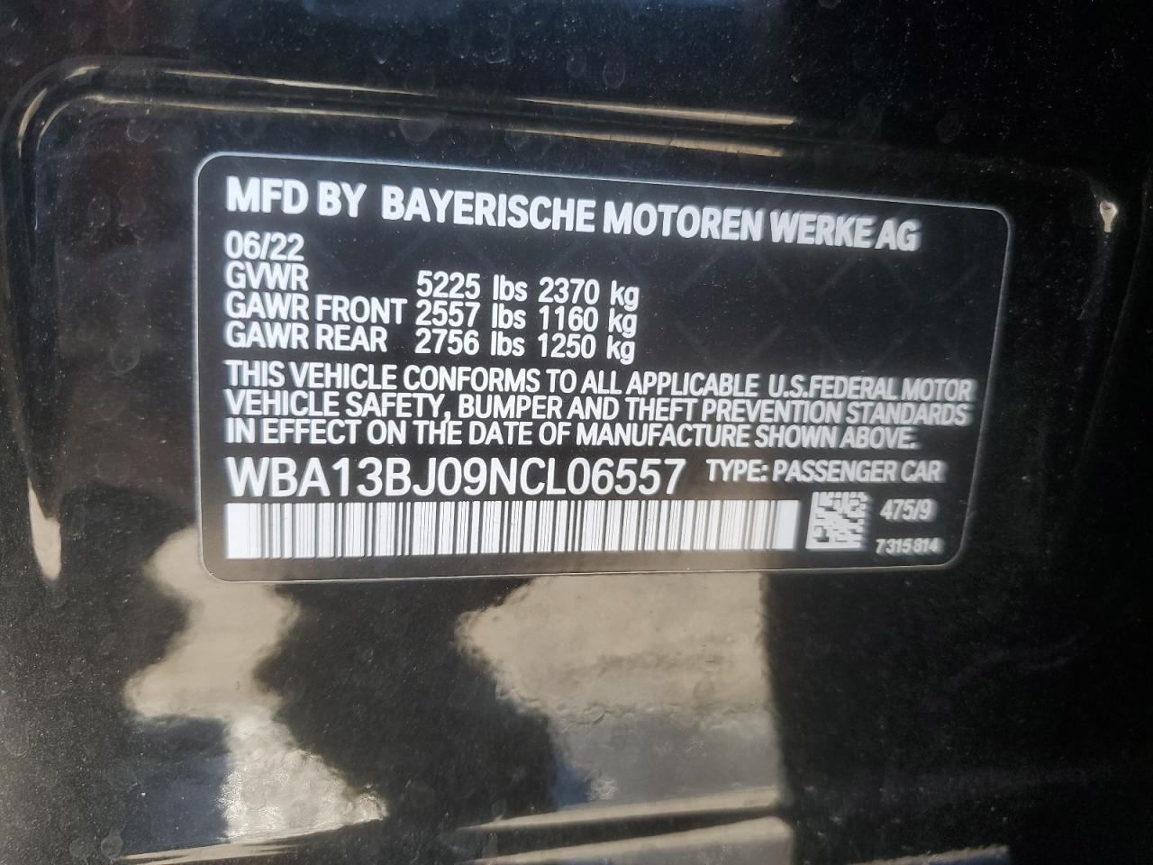 2022 BMW 530 Xi VIN: WBA13BJ09NCL06557 Lot: 69392625