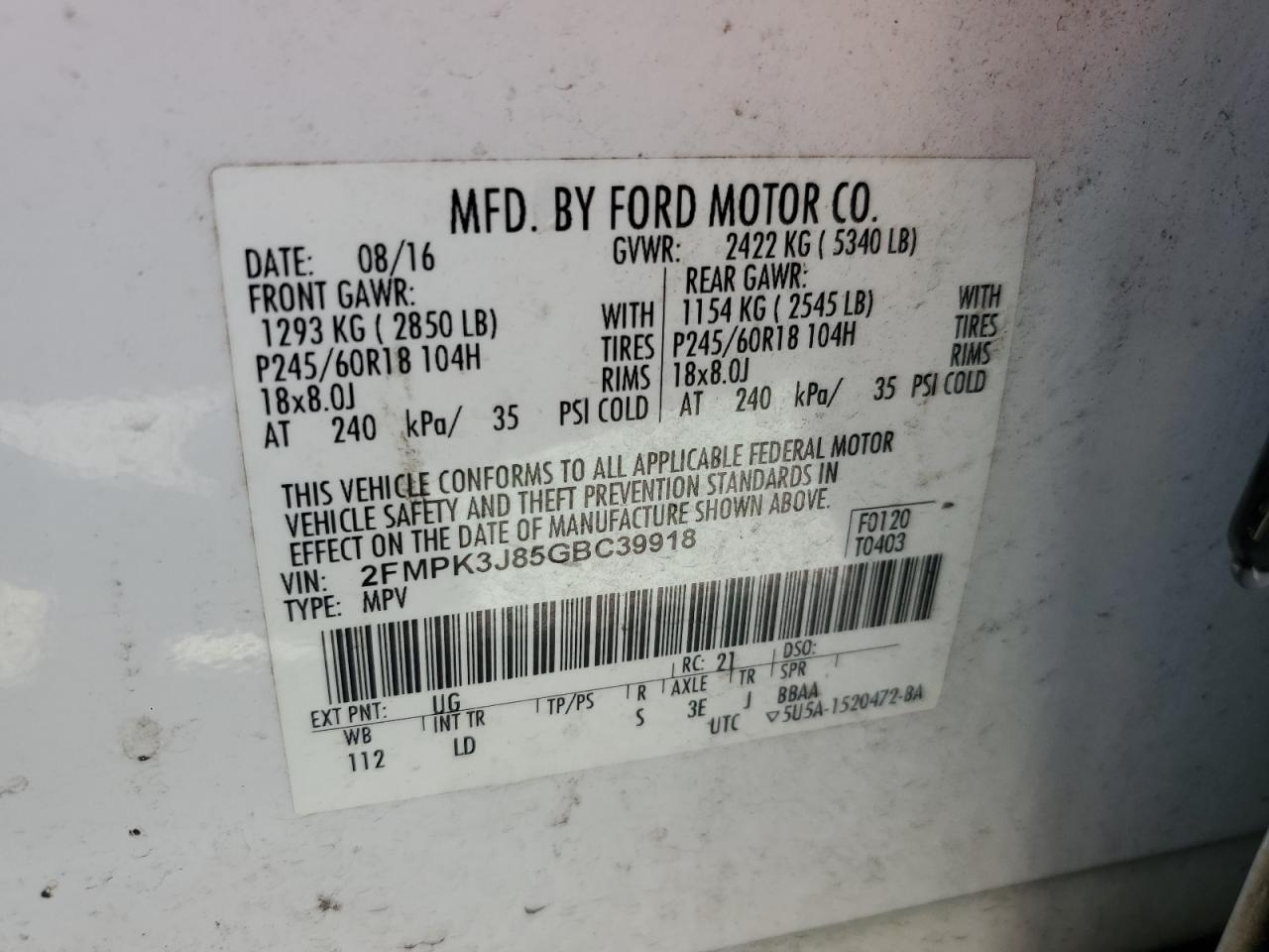 2016 Ford Edge Sel VIN: 2FMPK3J85GBC39918 Lot: 71172555