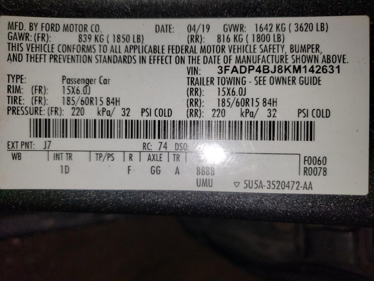 2019 Ford Fiesta Se VIN: 3FADP4BJ8KM142631 Lot: 84002015