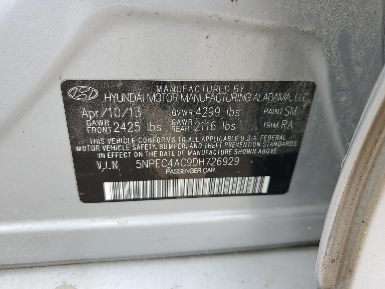 2013 Hyundai Sonata Se VIN: 5NPEC4AC9DH726929 Lot: 84243685