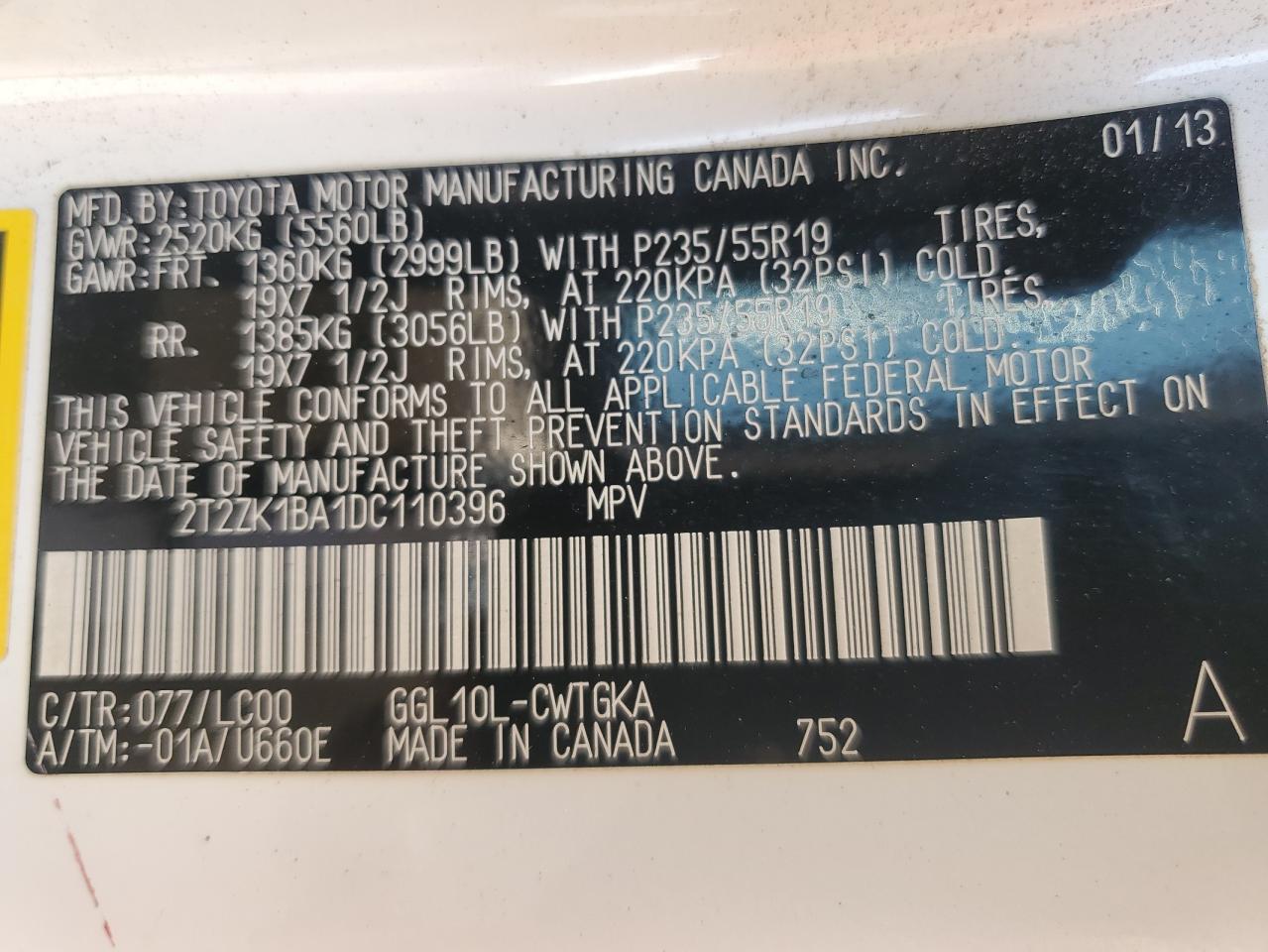 2013 Lexus Rx 350 VIN: 2T2ZK1BA1DC110396 Lot: 81314305