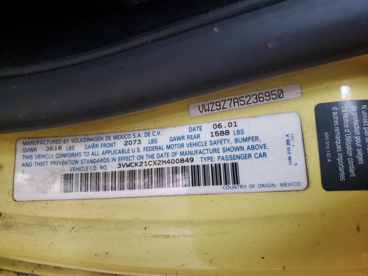 2002 Volkswagen New Beetle Gls VIN: 3VWCK21CX2M400849 Lot: 84006935