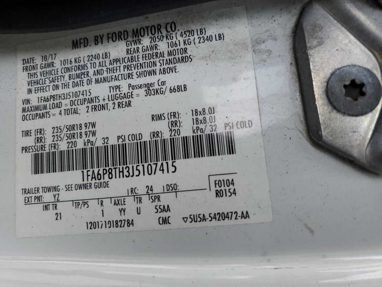 2018 Ford Mustang VIN: 1FA6P8TH3J5107415 Lot: 83883445