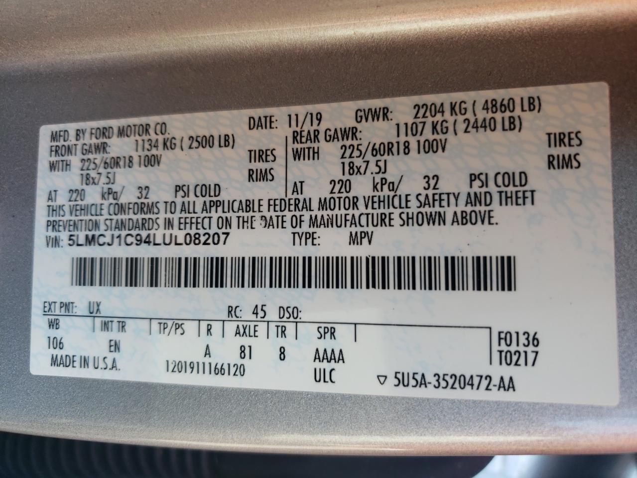 2020 Lincoln Corsair VIN: 5LMCJ1C94LUL08207 Lot: 81719295