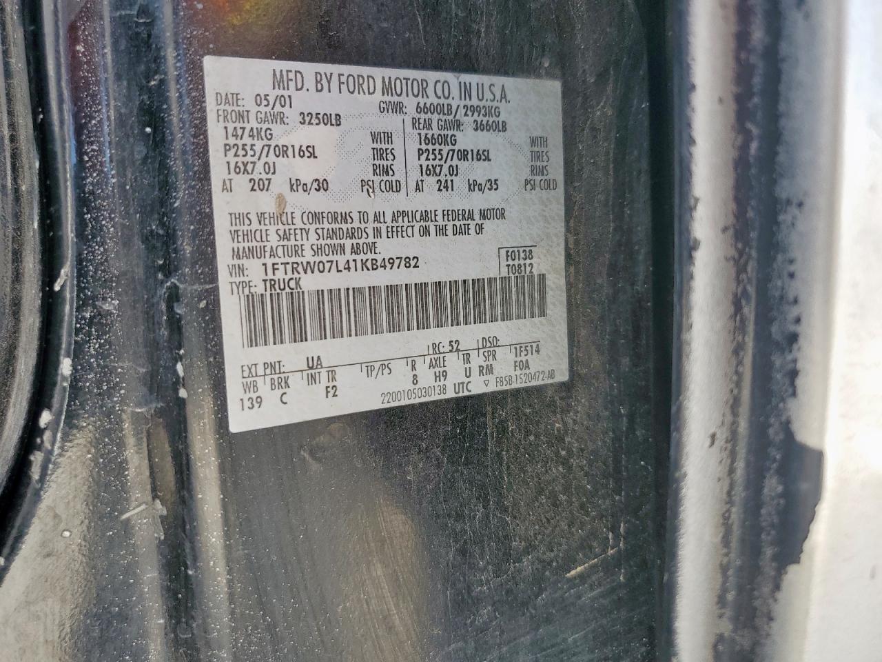 2001 Ford F150 Supercrew VIN: 1FTRW07L41KB49782 Lot: 82152695