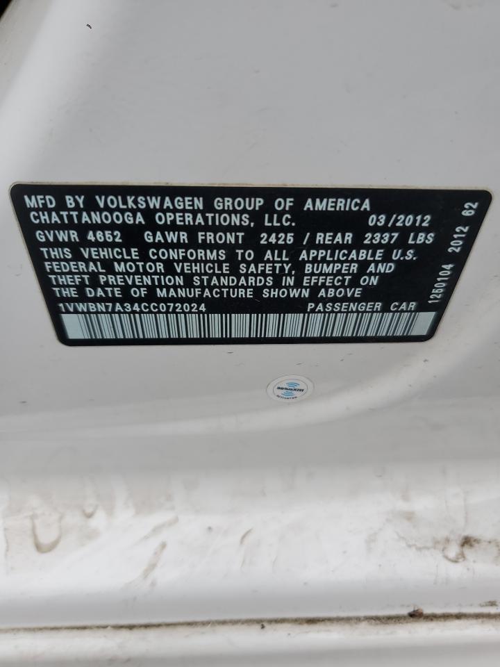 2012 Volkswagen Passat Se VIN: 1VWBN7A34CC072024 Lot: 71828105