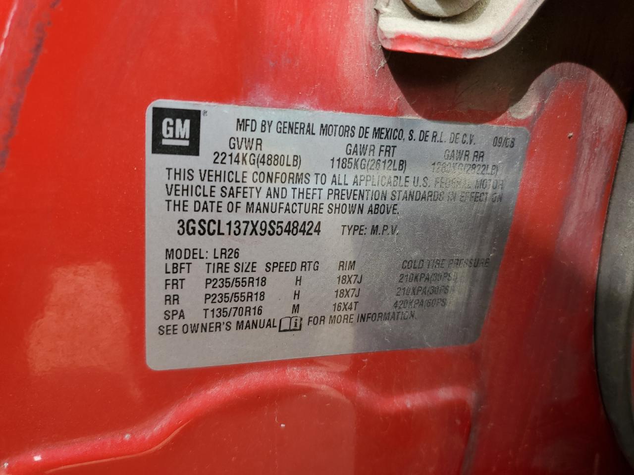 2009 Saturn Vue Redline VIN: 3GSCL137X9S548424 Lot: 80746615