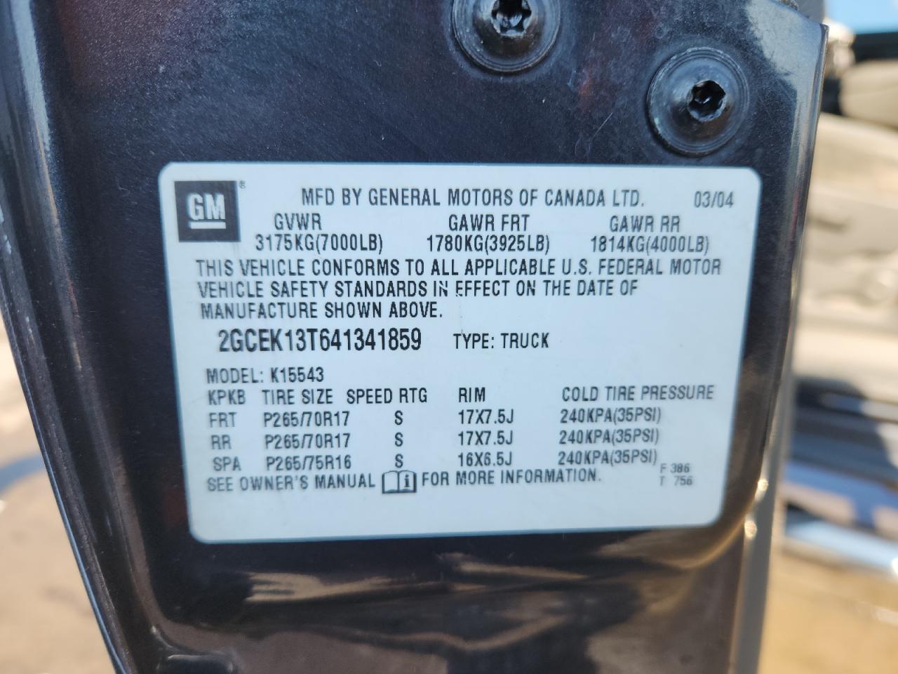 2004 Chevrolet Silverado K1500 VIN: 2GCEK13T641341859 Lot: 70544845