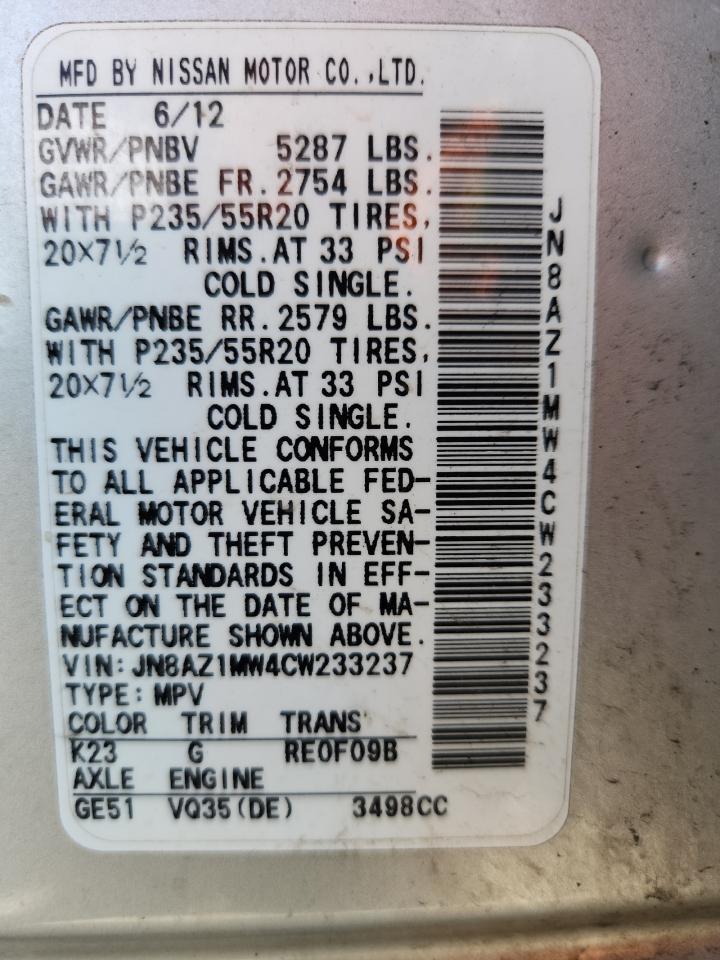 2012 Nissan Murano S VIN: JN8AZ1MW4CW233237 Lot: 81764565