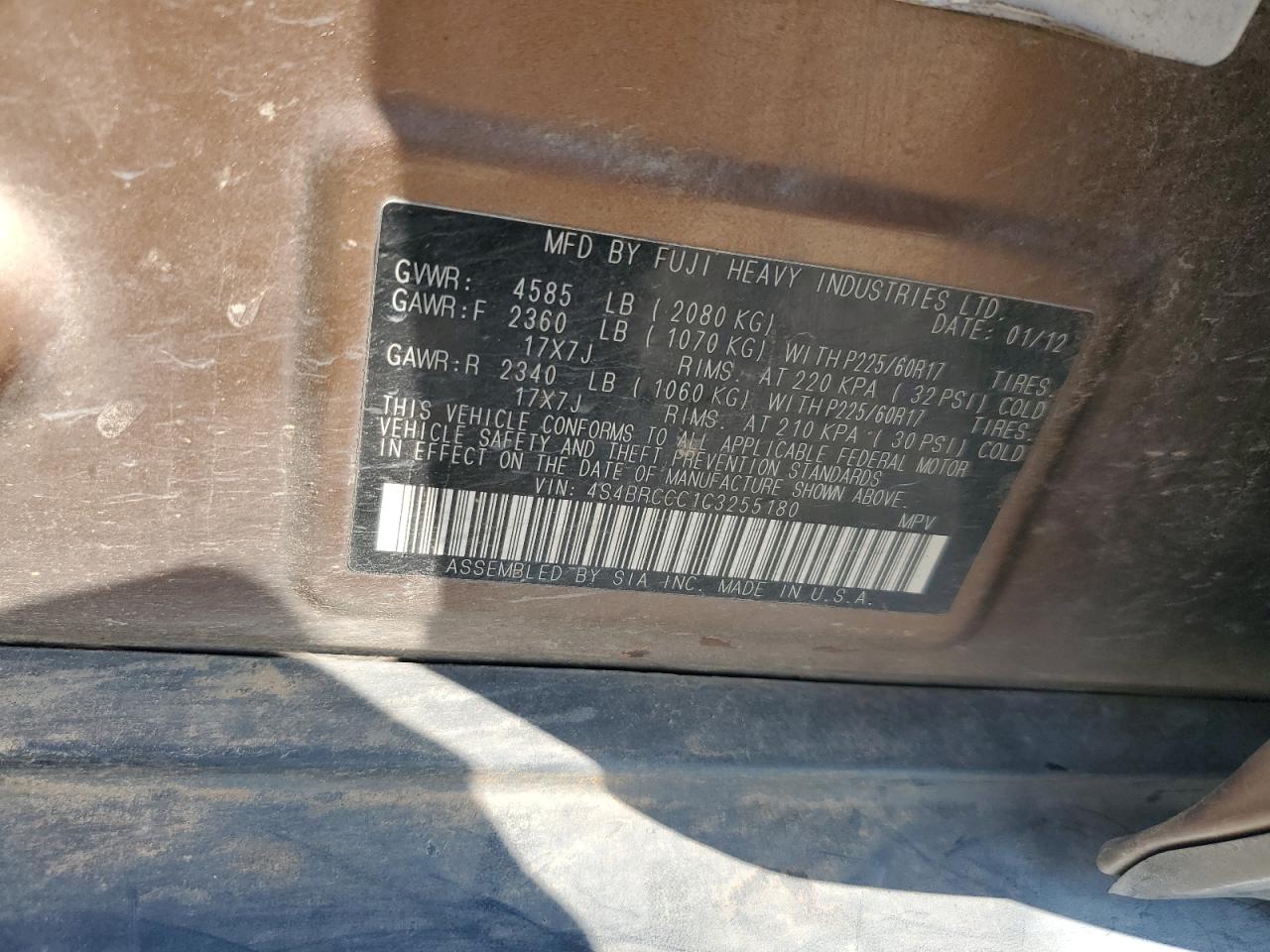 2012 Subaru Outback 2.5I Premium VIN: 4S4BRCCC1C3255180 Lot: 71321995