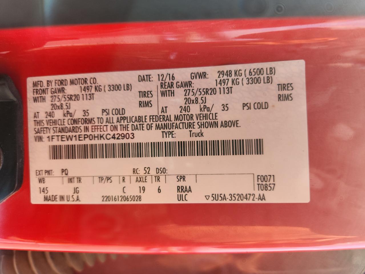 2017 Ford F150 Supercrew VIN: 1FTEW1EP0HKC42903 Lot: 70683535