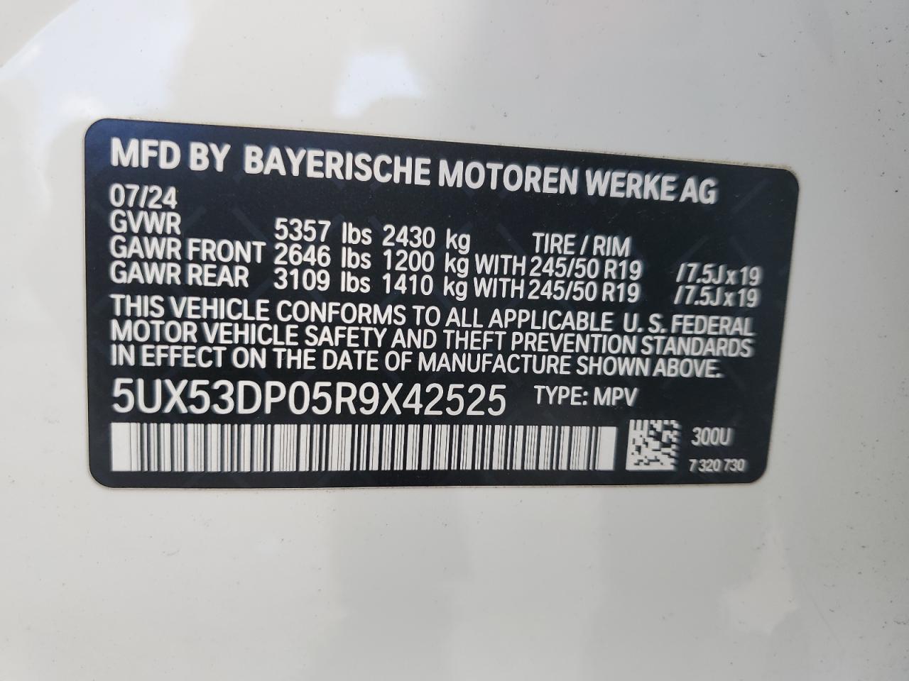 2024 BMW X3 xDrive30I VIN: 5UX53DP05R9X42525 Lot: 71830735