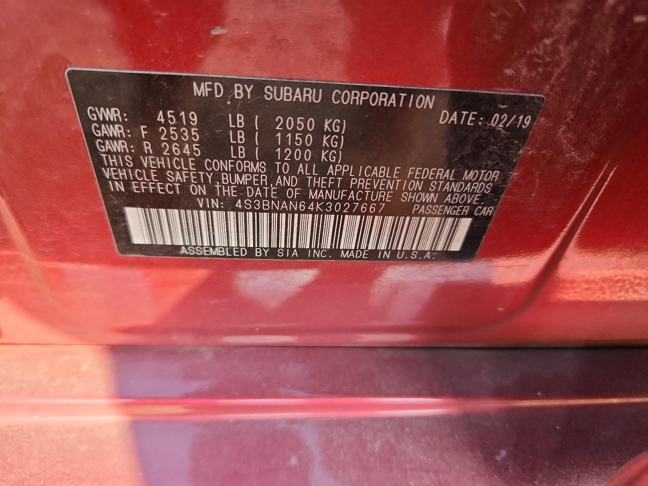 2019 Subaru Legacy 2.5I Limited VIN: 4S3BNAN64K3027667 Lot: 72095585