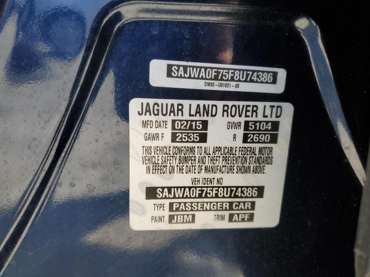 2015 Jaguar Xf 3.0 Sport VIN: SAJWA0F75F8U74386 Lot: 81991185