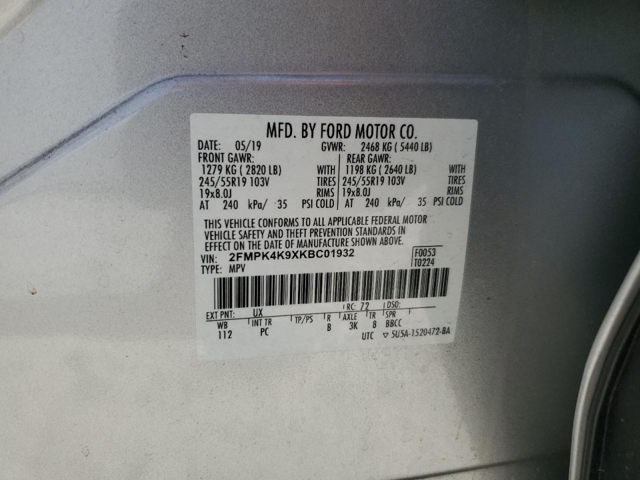 2019 Ford Edge Titanium VIN: 2FMPK4K9XKBC01932 Lot: 69770605