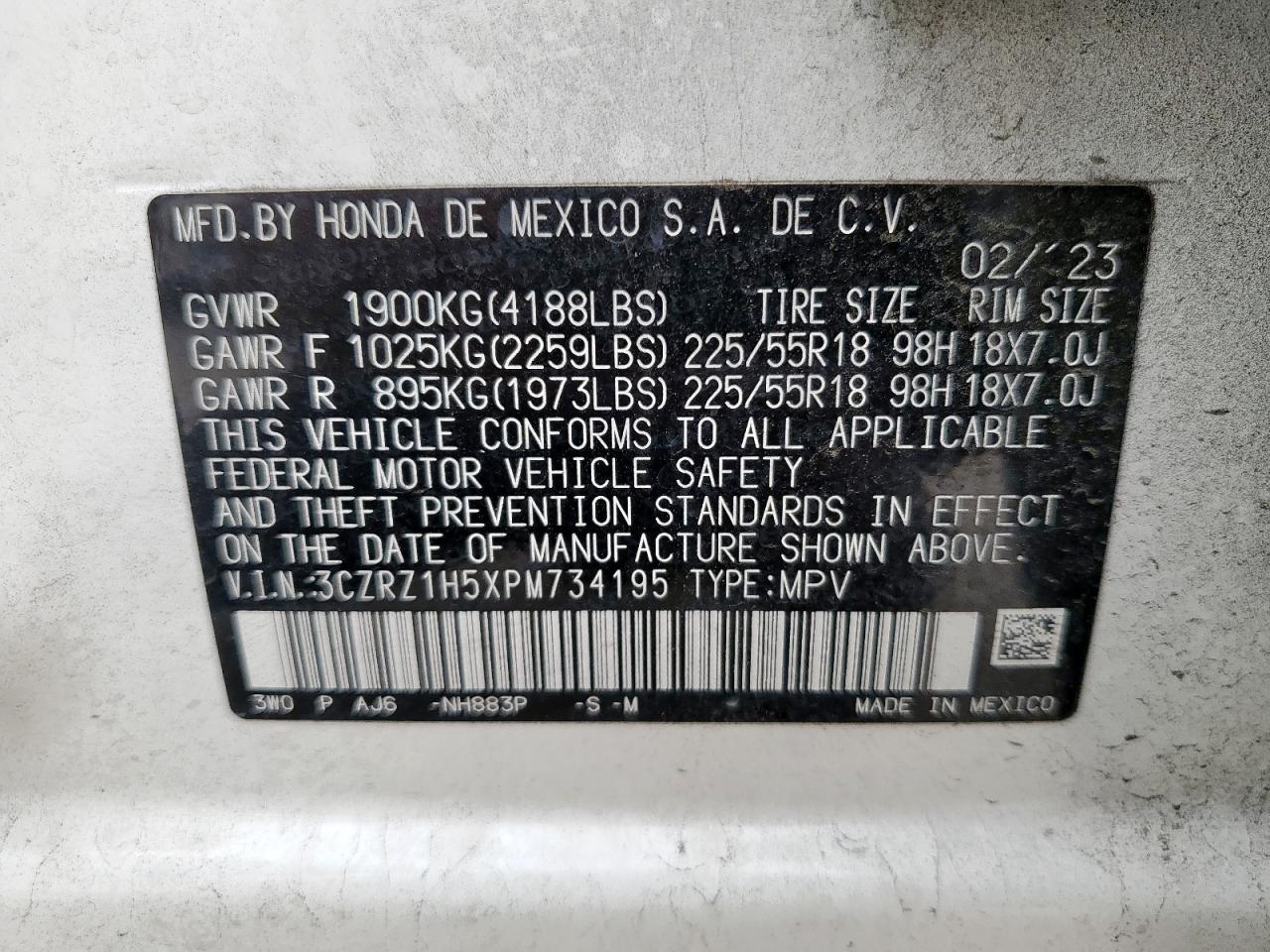 2023 Honda Hr-V Sport VIN: 3CZRZ1H5XPM734195 Lot: 71723595