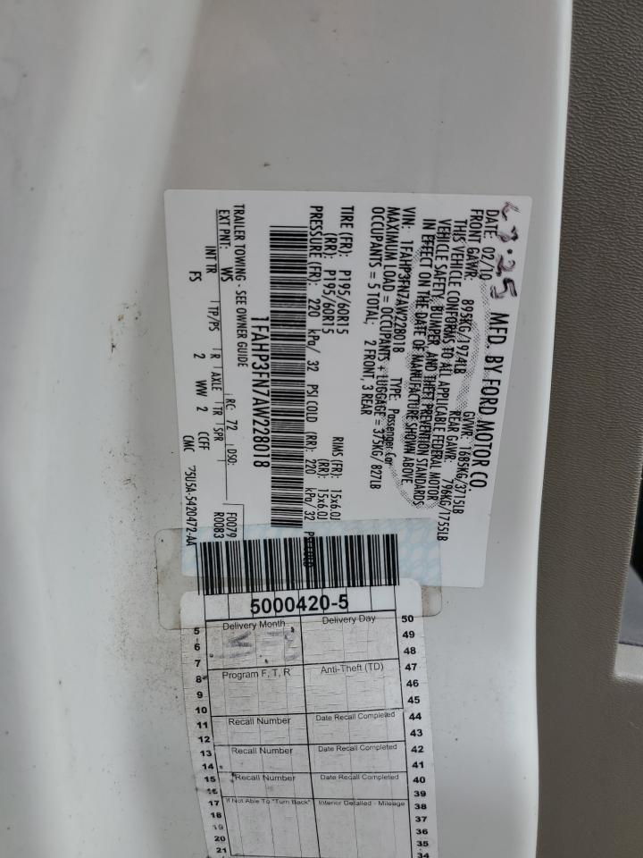 2010 Ford Focus Se VIN: 1FAHP3FN7AW228018 Lot: 84612475