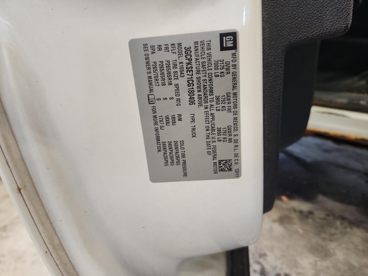 2012 Chevrolet Silverado K1500 Lt VIN: 3GCPKSE71CG180406 Lot: 84366465