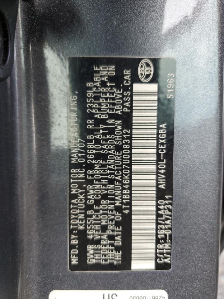 2007 Toyota Camry Hybrid VIN: 4T1BB46K07U008312 Lot: 83847765