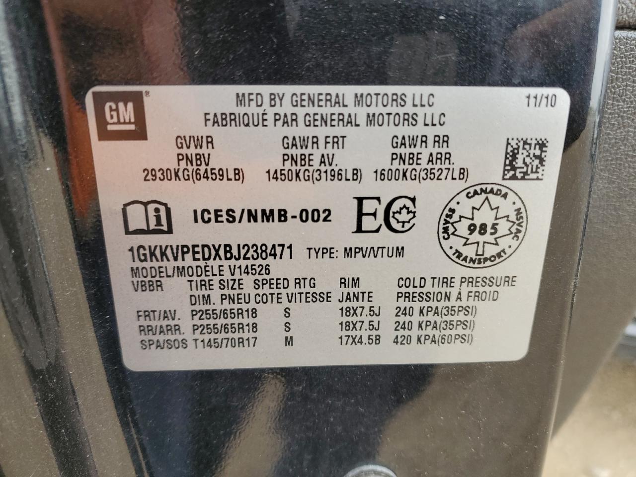 2011 GMC Acadia Sle VIN: 1GKKVPEDXBJ238471 Lot: 84919495