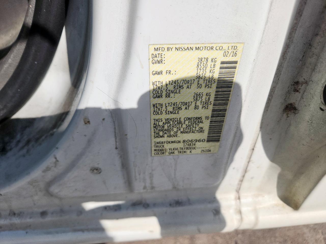 2016 Nissan Nv 1500 S VIN: 1N6BF0KM4GN806960 Lot: 81758155