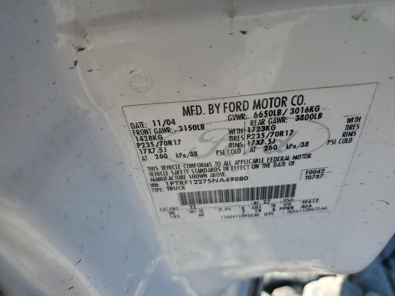 2005 Ford F150 VIN: 1FTRF12275NA49880 Lot: 70466425