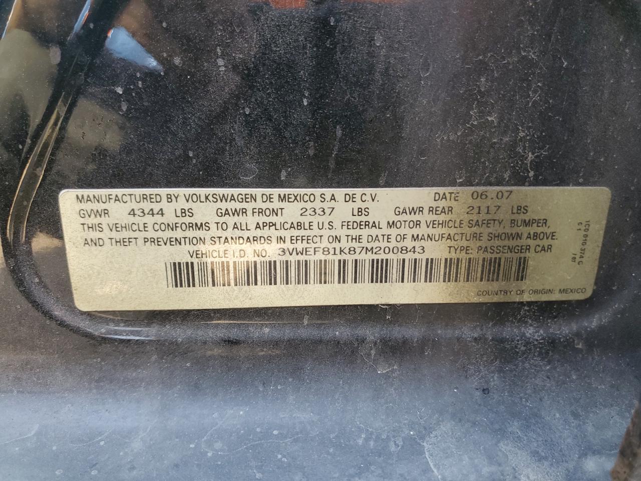 2007 Volkswagen Jetta VIN: 3VWEF81K87M200843 Lot: 81371455