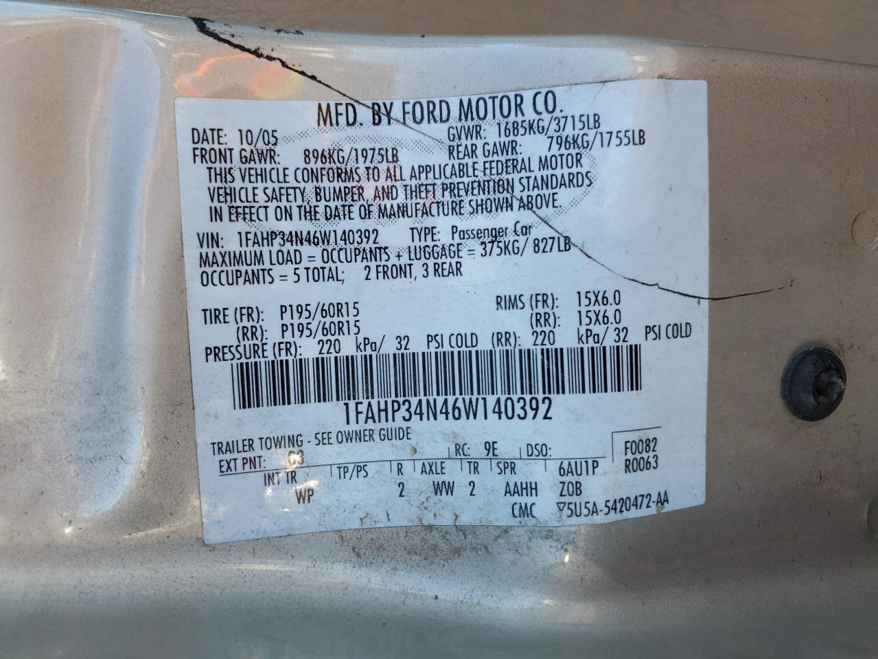 2006 Ford Focus Zx4 VIN: 1FAHP34N46W140392 Lot: 81142765