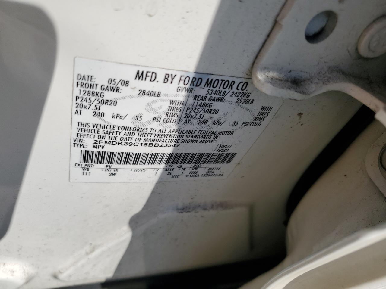 2008 Ford Edge Limited VIN: 2FMDK39C18BB23547 Lot: 80841195