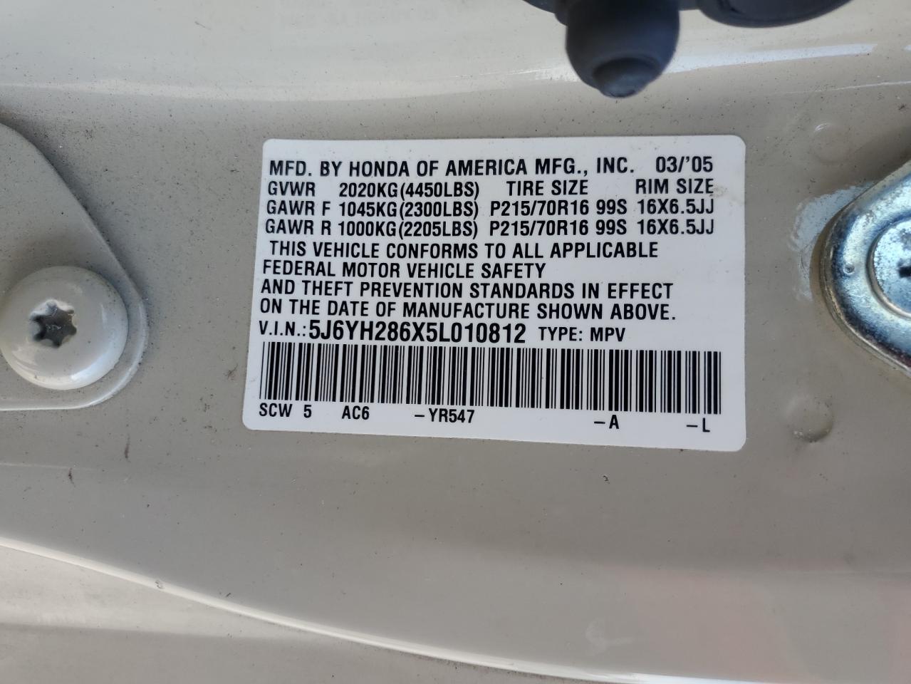 2005 Honda Element Ex VIN: 5J6YH286X5L010812 Lot: 70928635