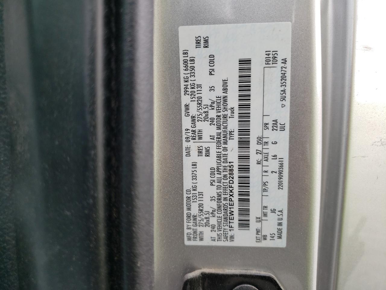 2019 Ford F150 Supercrew VIN: 1FTEW1EPXKFD28851 Lot: 70990125