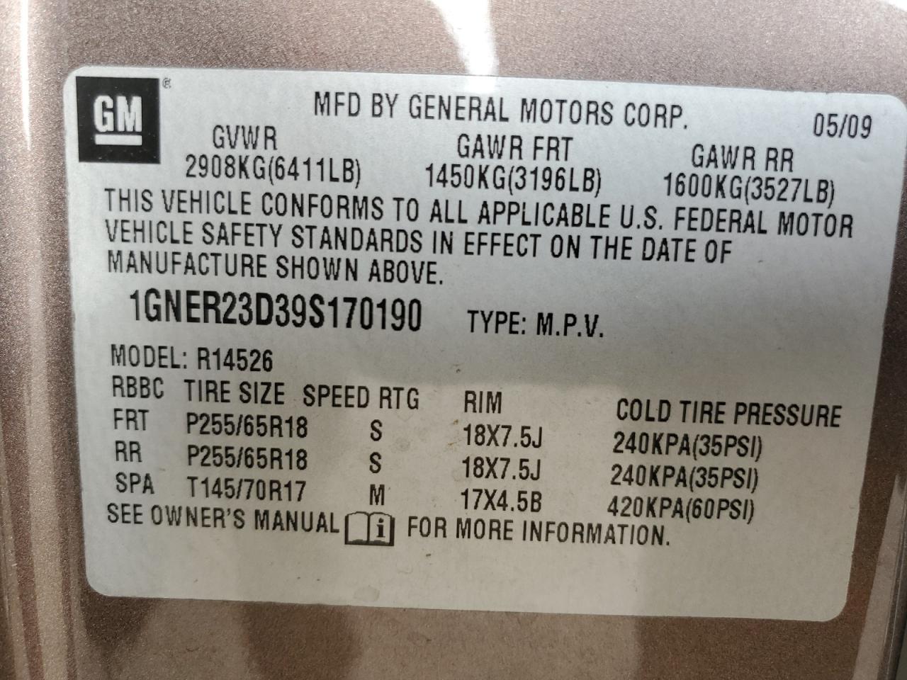 2009 Chevrolet Traverse Lt VIN: 1GNER23D39S170190 Lot: 84198625