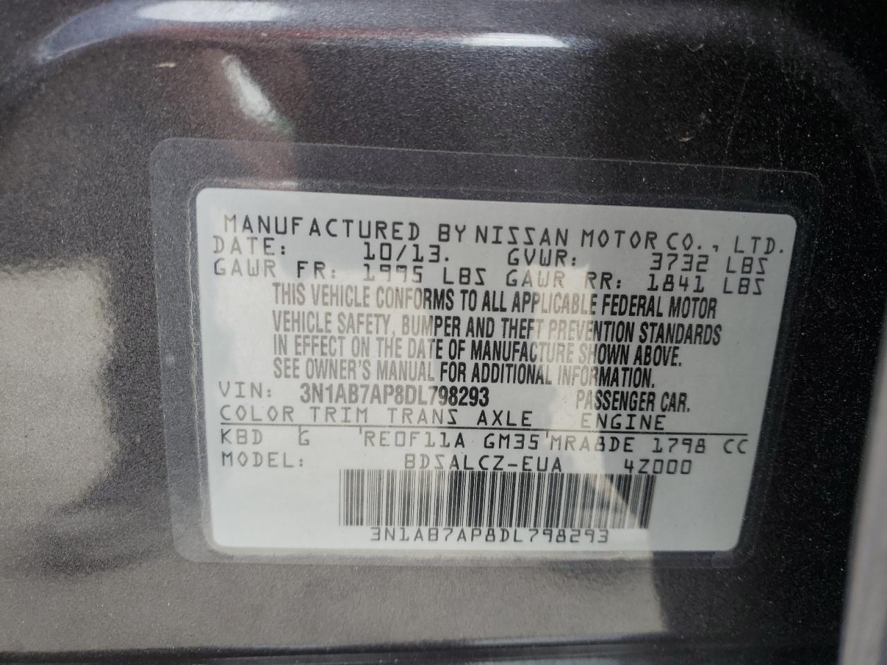 2013 Nissan Sentra S VIN: 3N1AB7AP8DL798293 Lot: 84377865