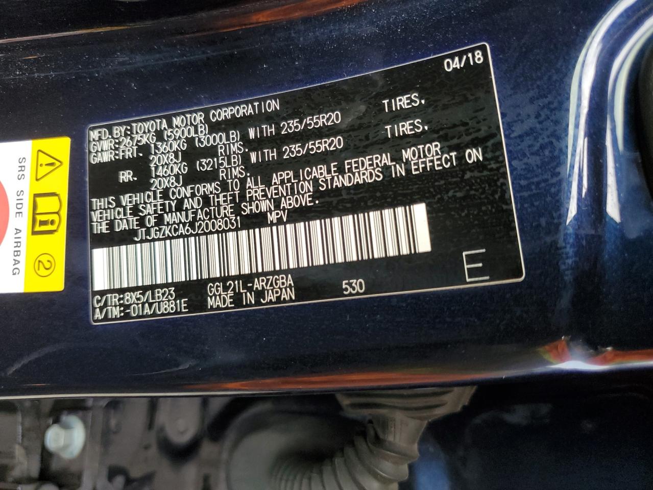 2018 Lexus Rx 350 L VIN: JTJGZKCA6J2008031 Lot: 81518265