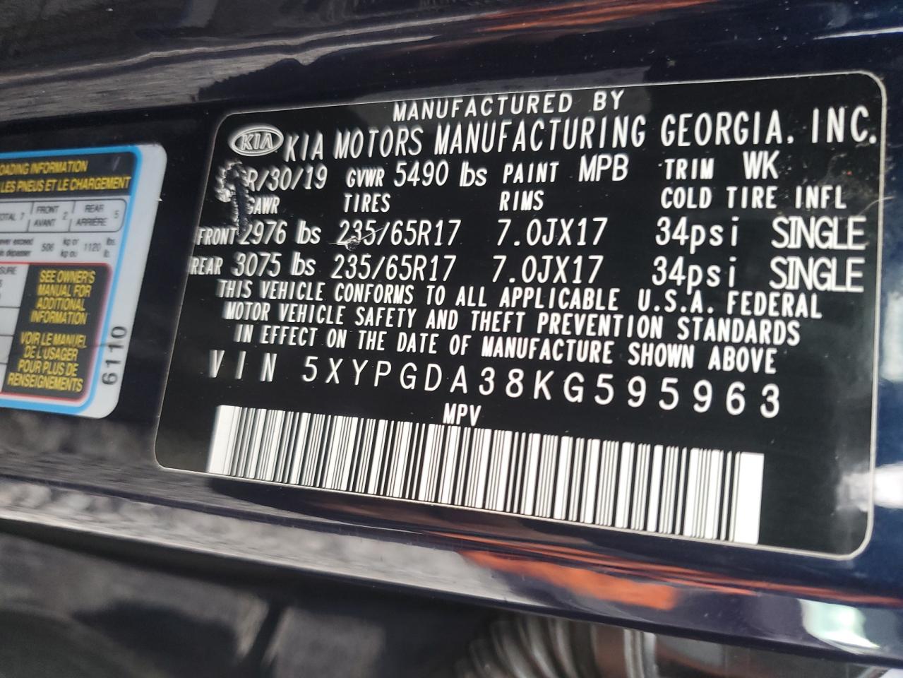 2019 Kia Sorento L VIN: 5XYPGDA38KG595963 Lot: 71042455