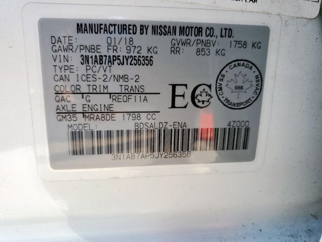 2018 Nissan Sentra S VIN: 3N1AB7AP5JY256356 Lot: 71268545