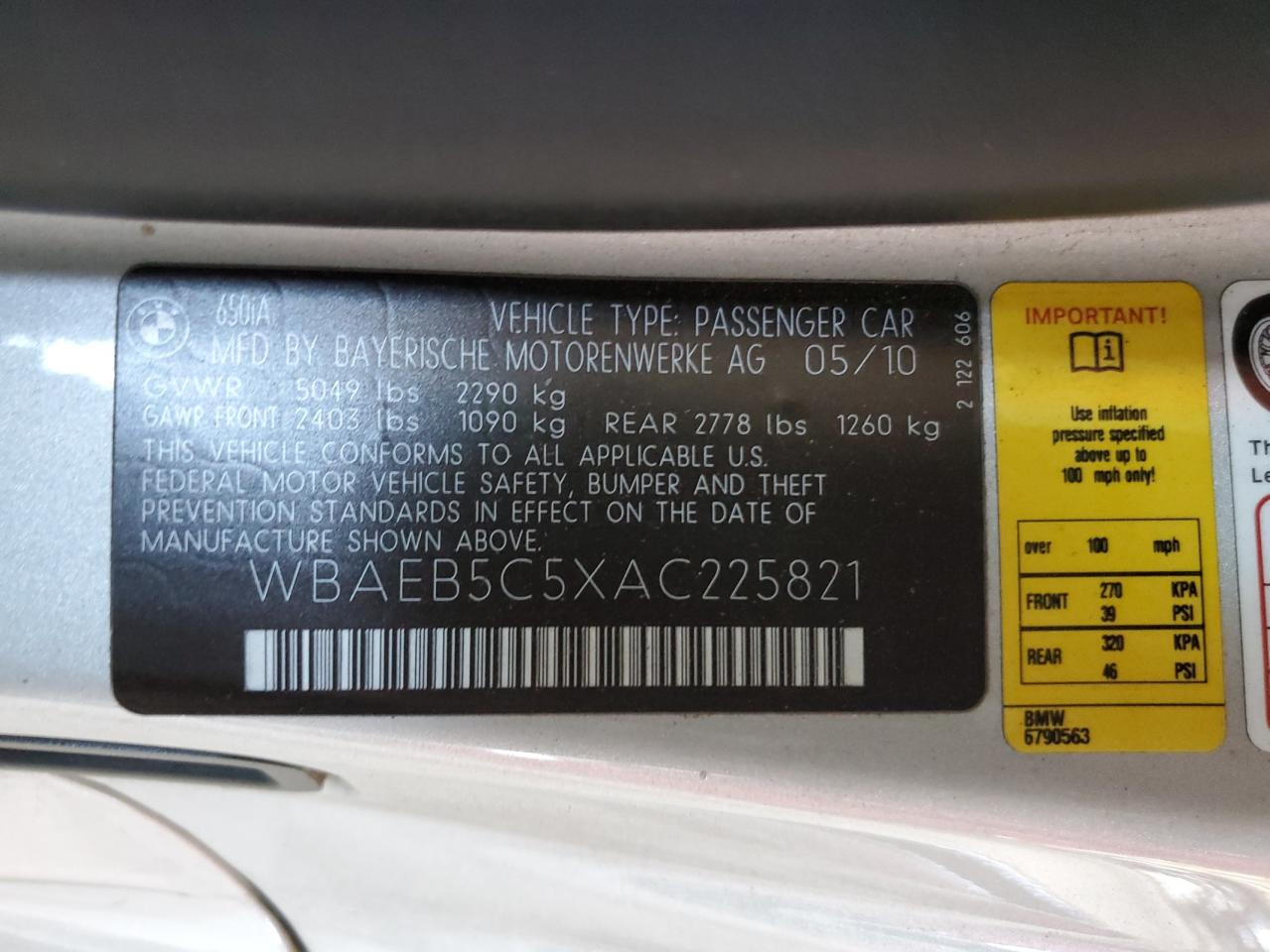 2010 BMW 650 I VIN: WBAEB5C5XAC225821 Lot: 71021015