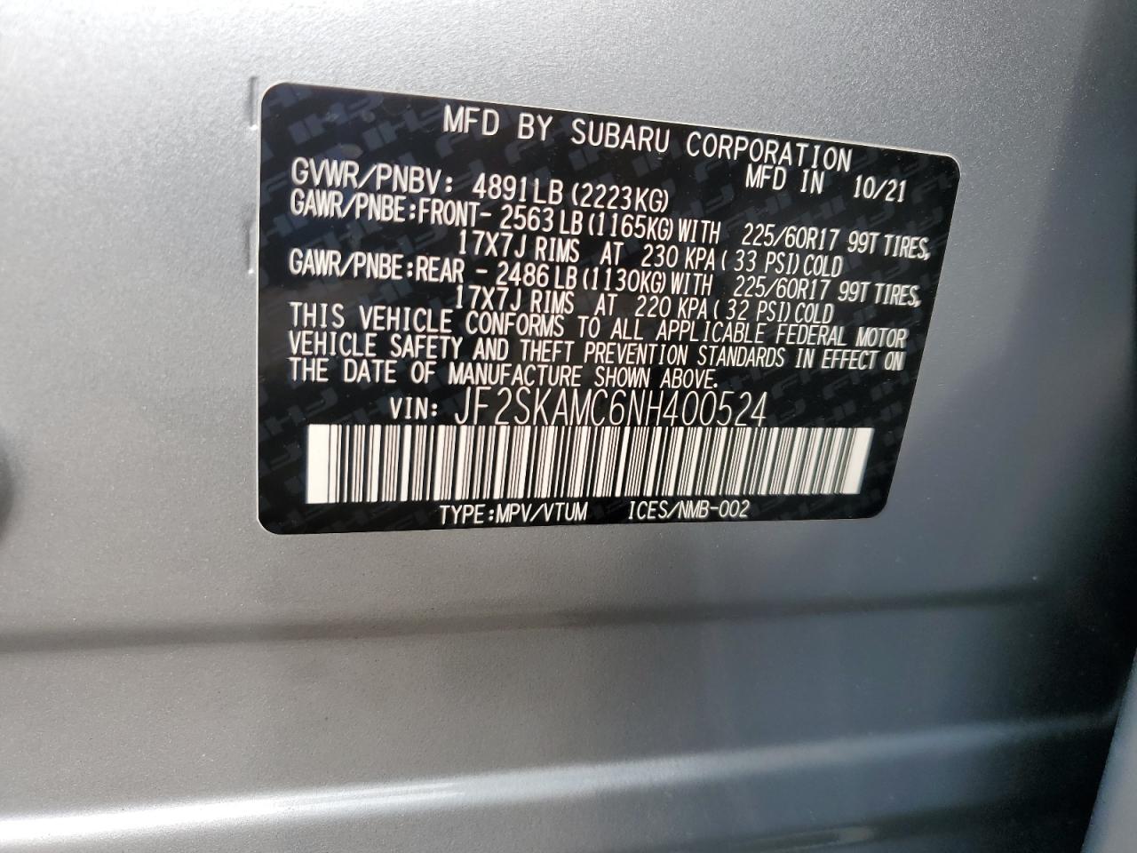 2022 Subaru Forester Wilderness VIN: JF2SKAMC6NH400524 Lot: 70962155