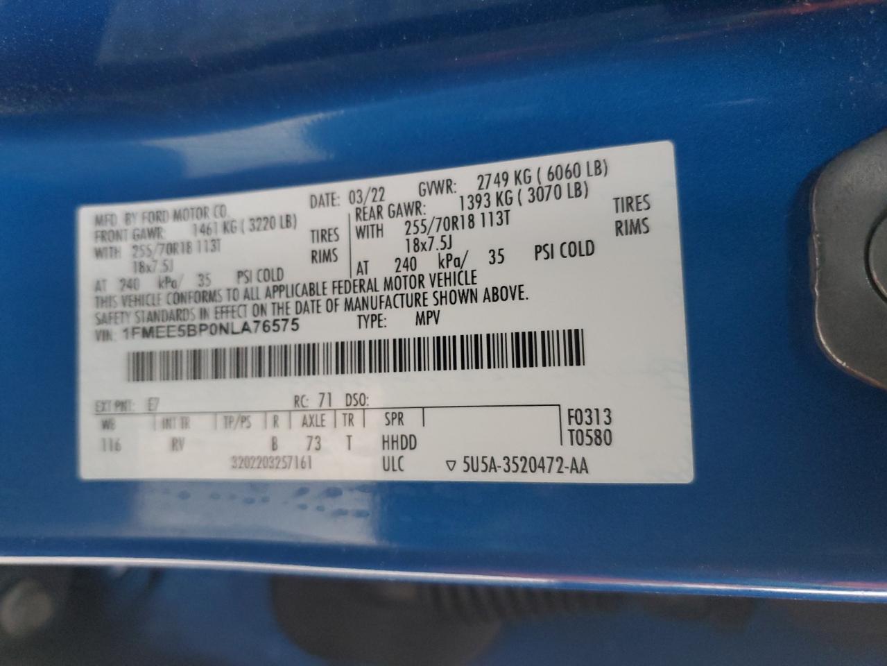 2022 Ford Bronco Base VIN: 1FMEE5BP0NLA76575 Lot: 84225885