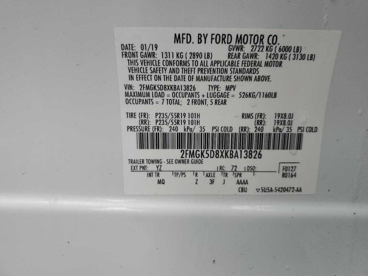 2019 Ford Flex Limited VIN: 2FMGK5D8XKBA13826 Lot: 84216365